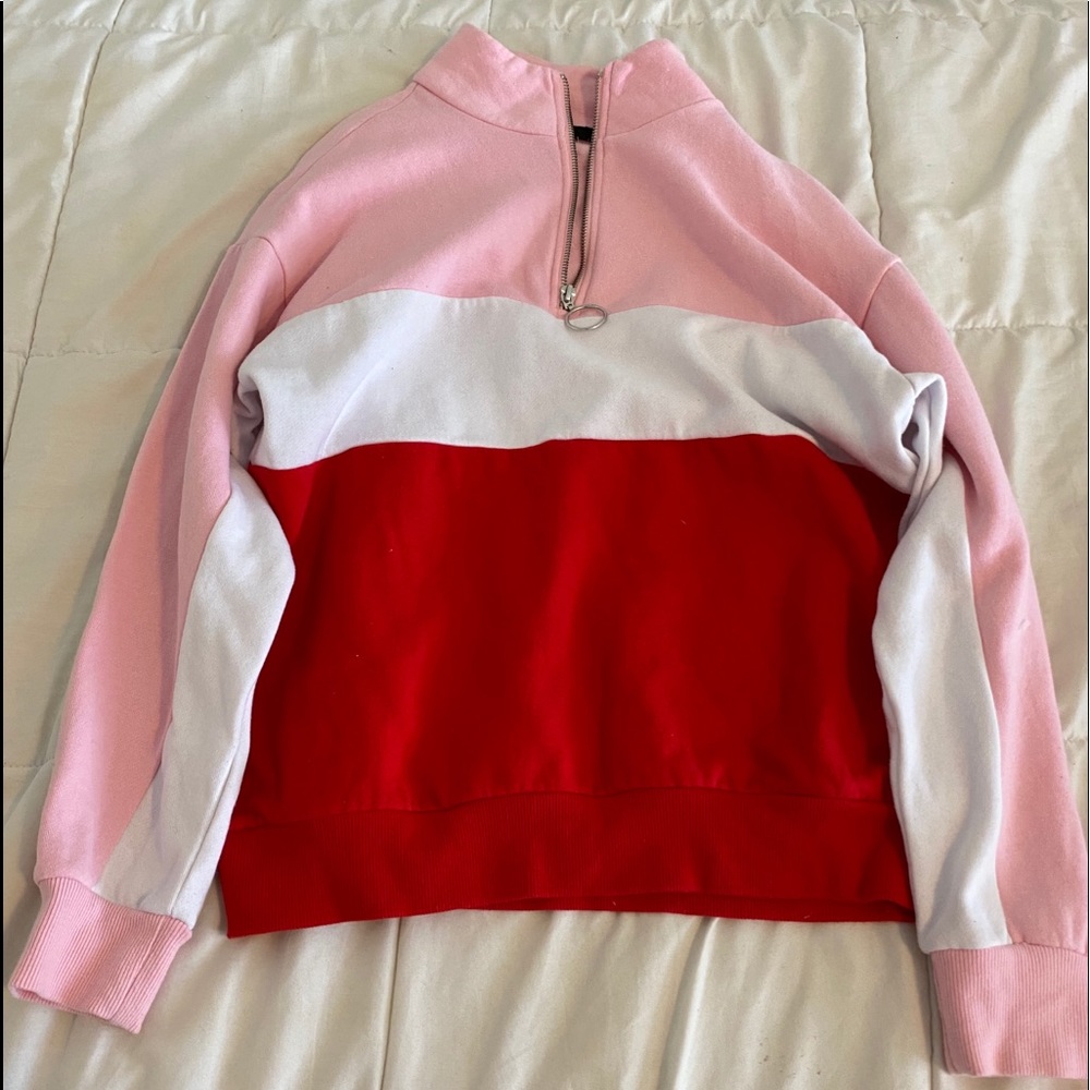 red, pink, and white striped pullover!